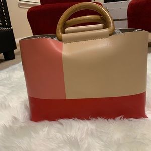 Tory Burch runway colorblock wood handle tote bag